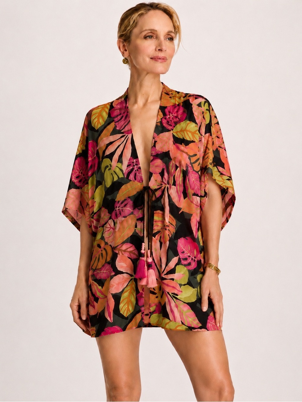 Chico's Aloha Leaf Print Kaftan Kimono Swimsuit Coverup Tropical Leaf Print S/M